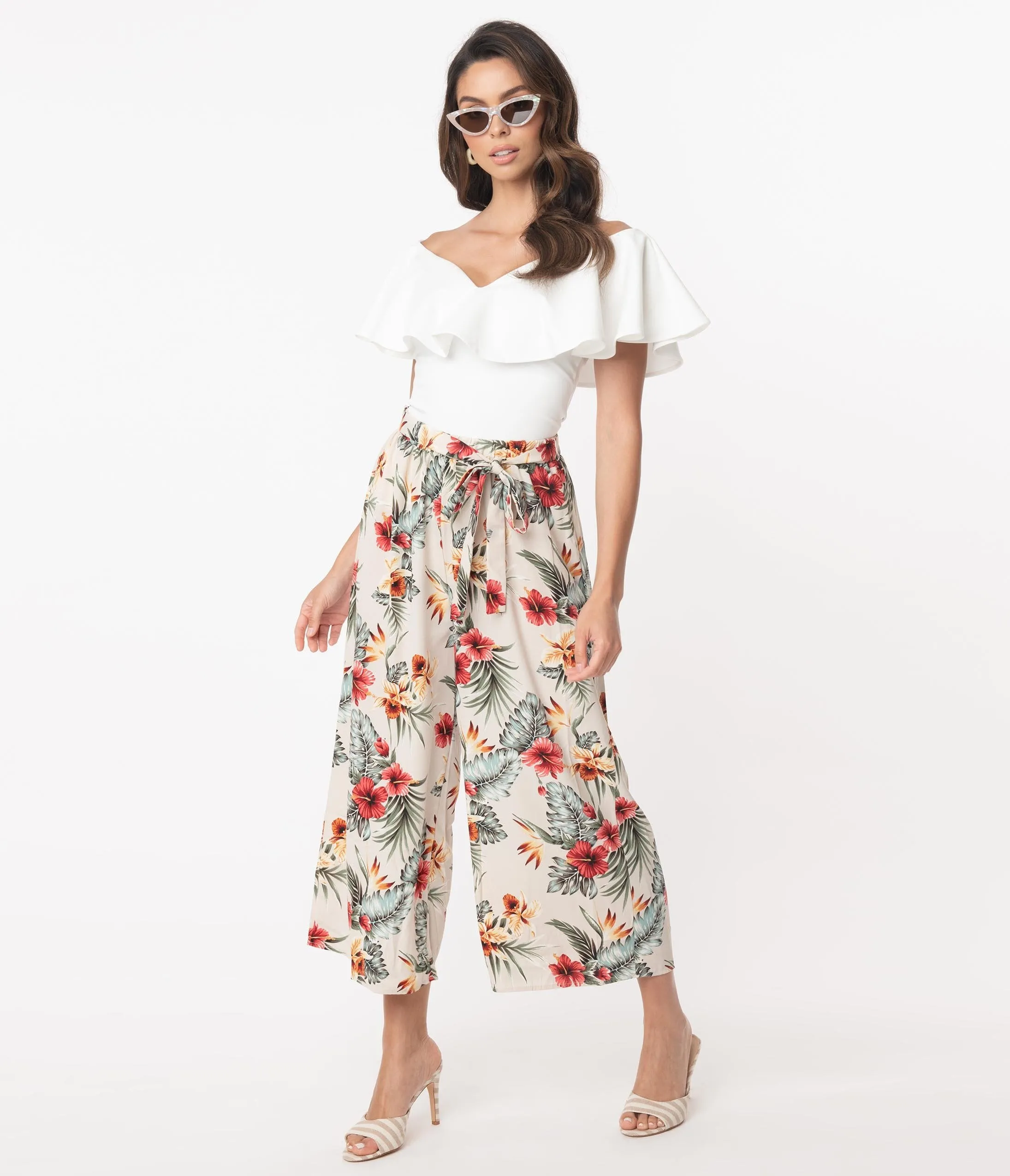 Retro Style Tropical Print Wide Leg Culotte