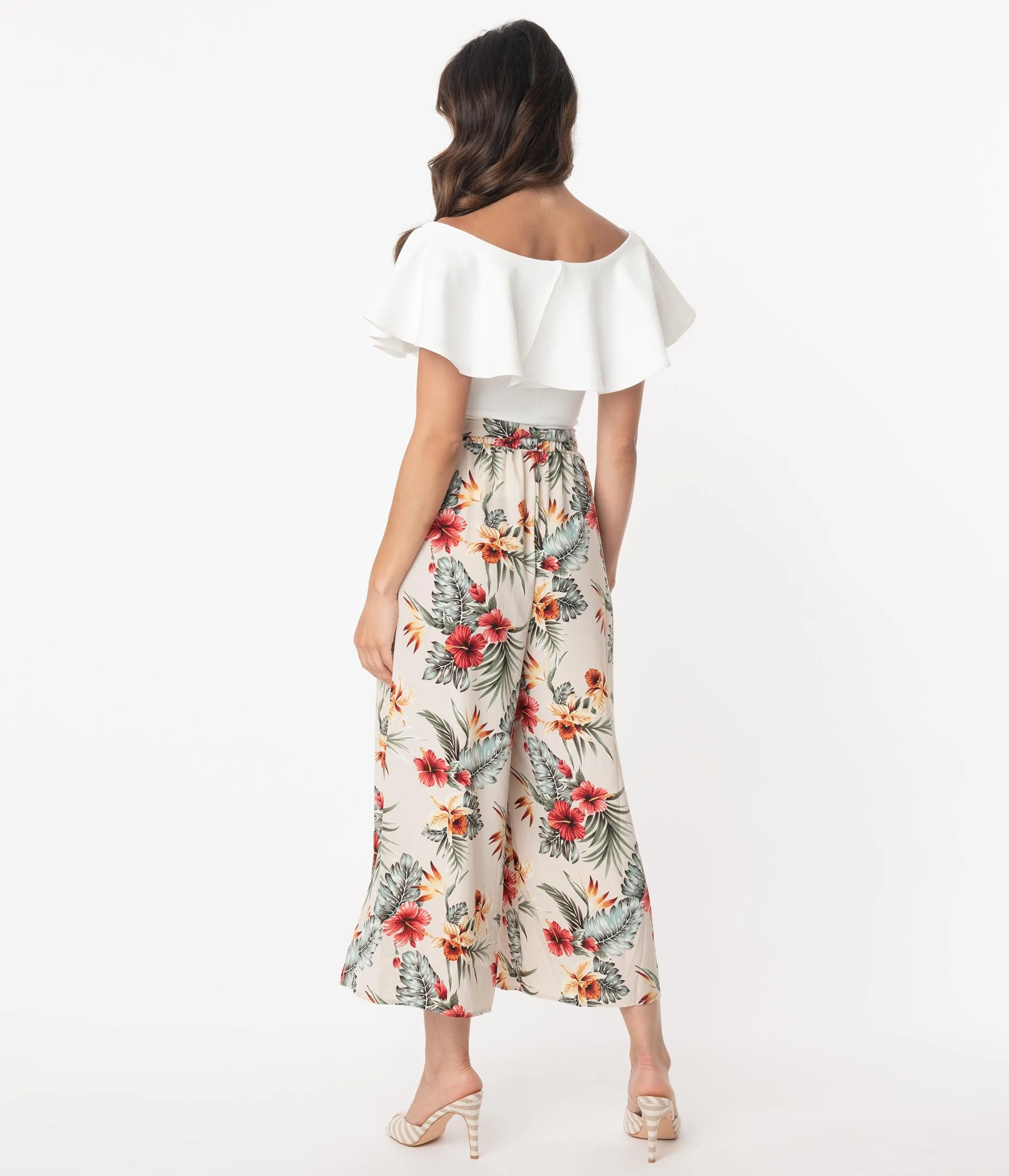 Retro Style Tropical Print Wide Leg Culotte