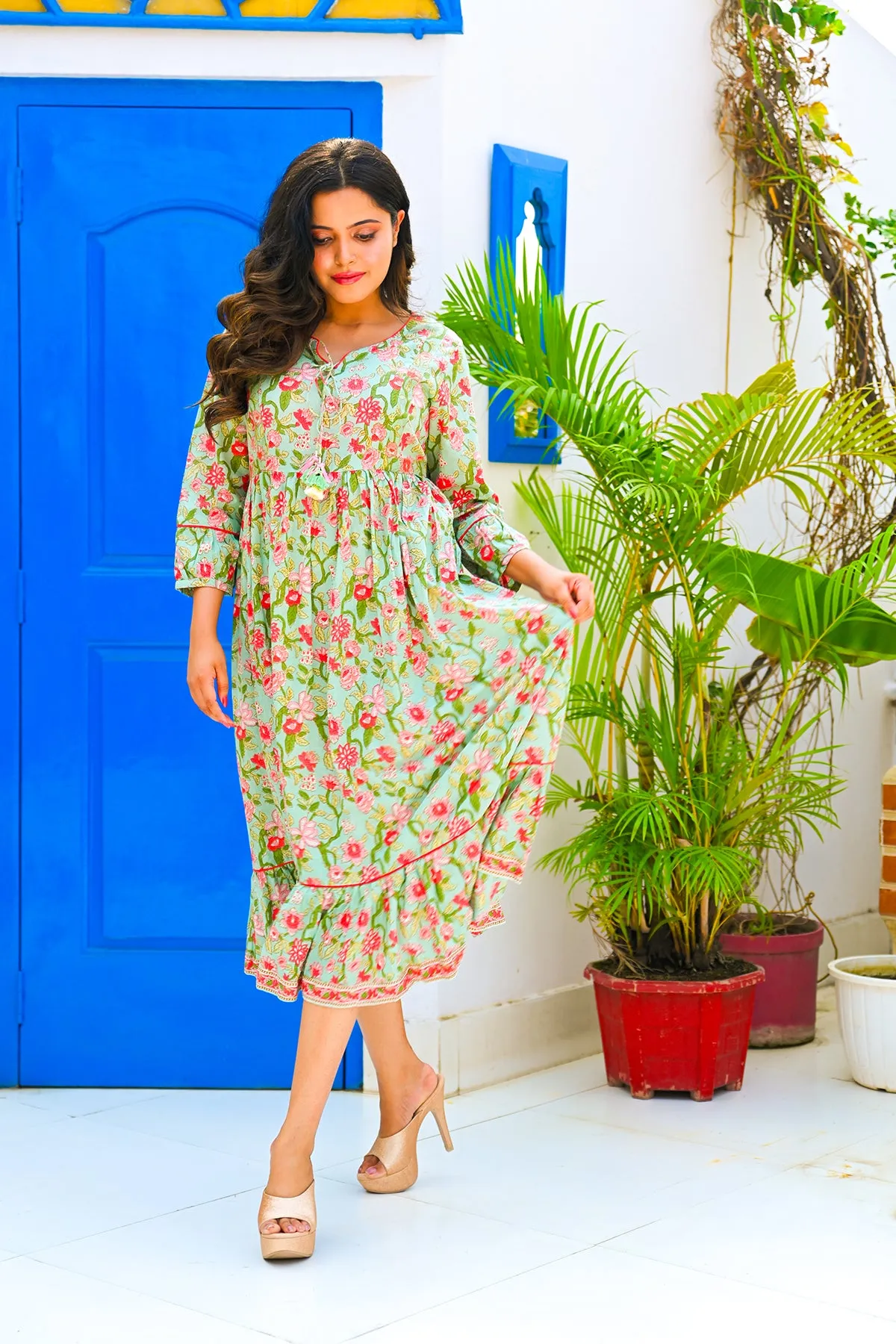 Sage Pure Cotton Flared Dress