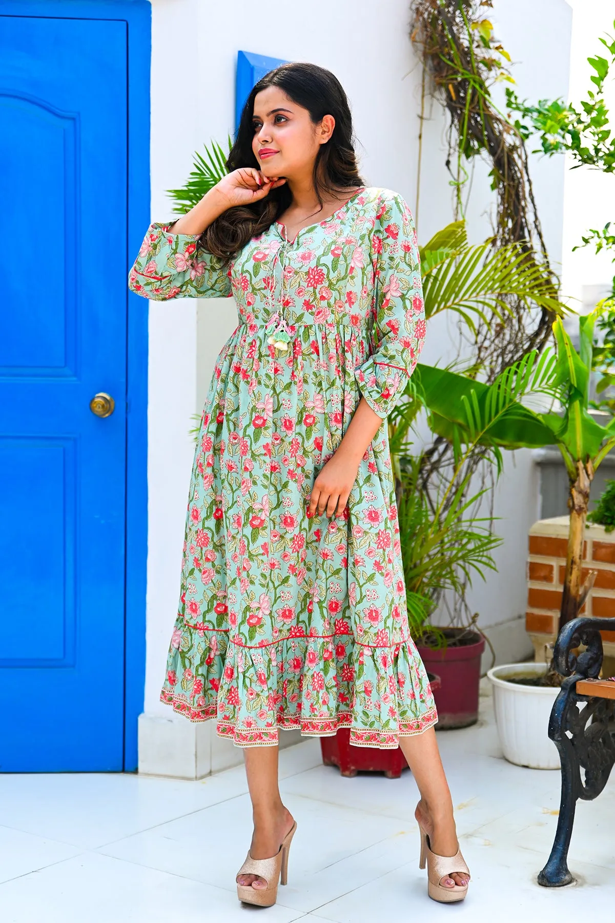 Sage Pure Cotton Flared Dress