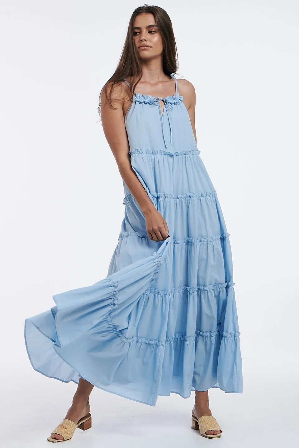 Senorita Strappy Tiered Cotton Sky Blue Maxi Dress