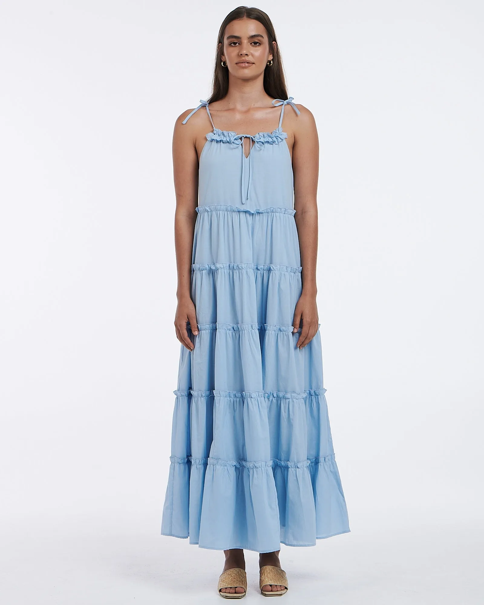 Senorita Strappy Tiered Cotton Sky Blue Maxi Dress