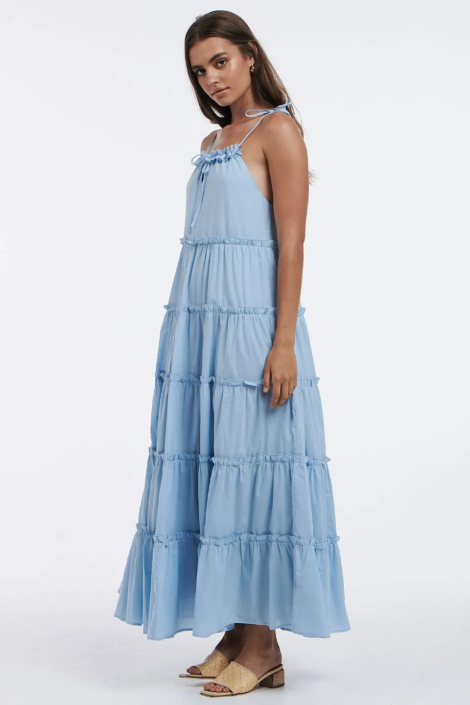 Senorita Strappy Tiered Cotton Sky Blue Maxi Dress