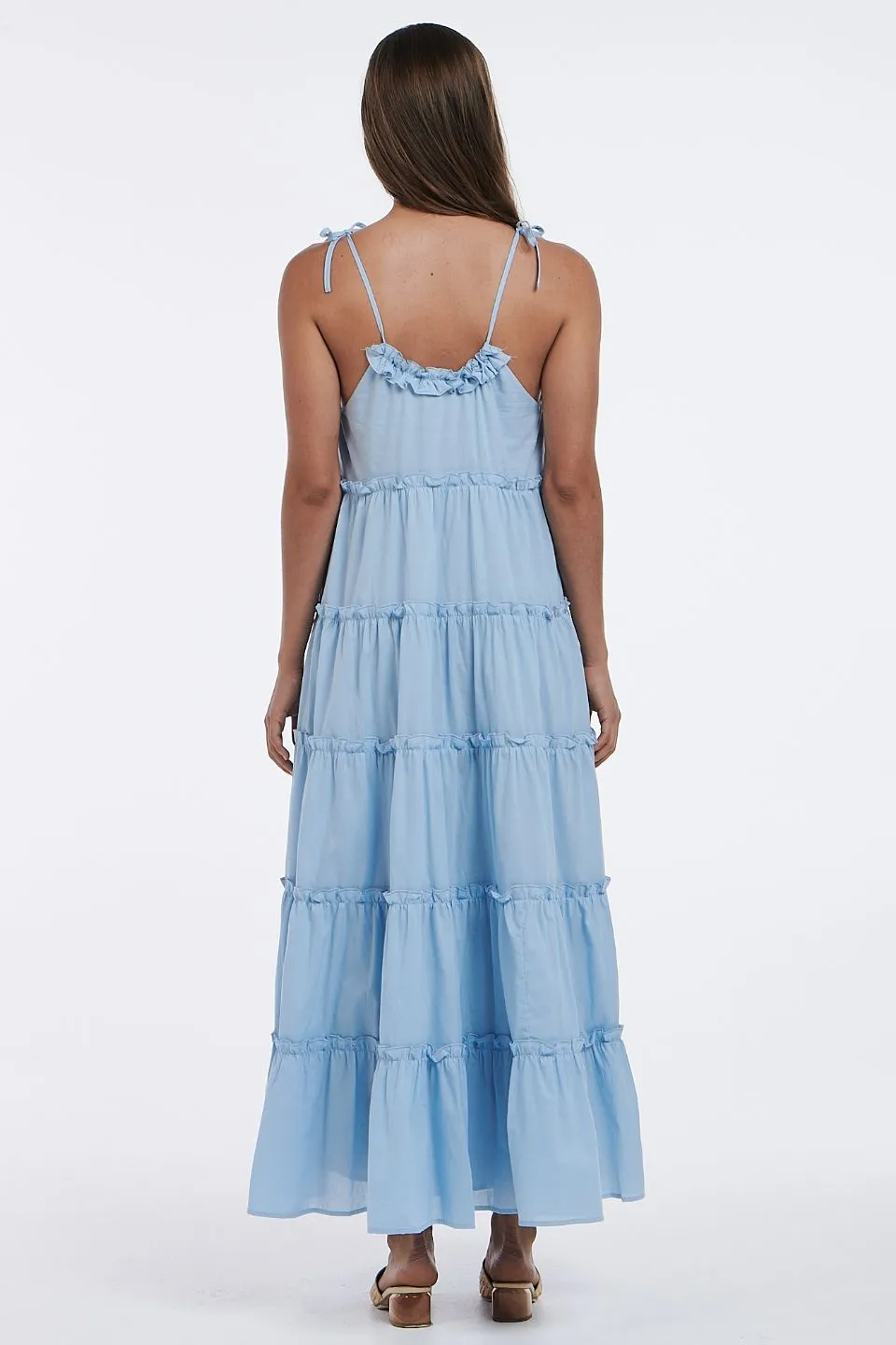 Senorita Strappy Tiered Cotton Sky Blue Maxi Dress