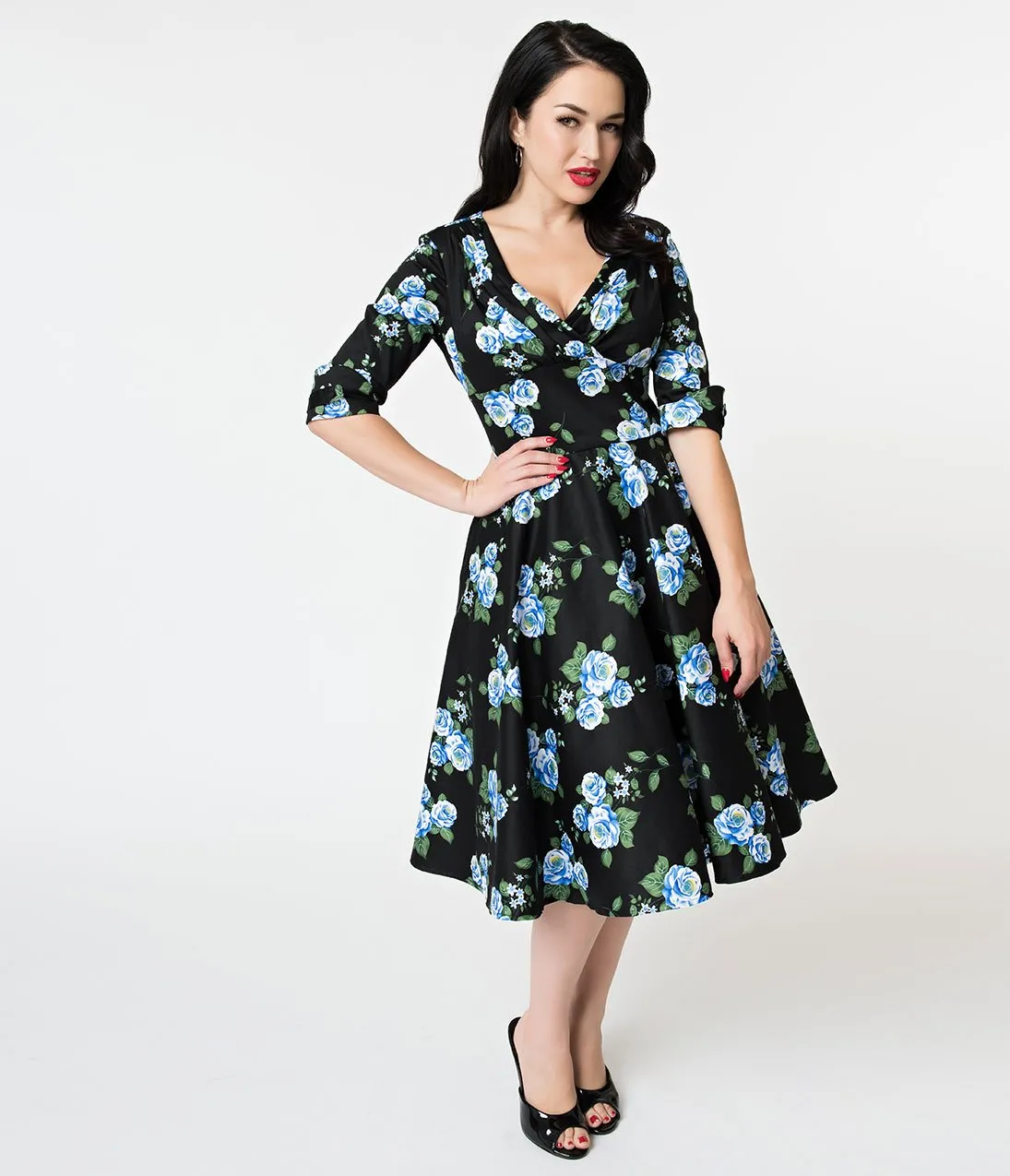 Unique Vintage 1950s Black & Blue Rose Floral Print Delores Swing Dress with Sleeves