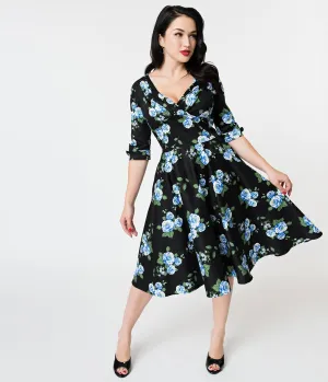 Unique Vintage 1950s Black & Blue Rose Floral Print Delores Swing Dress with Sleeves