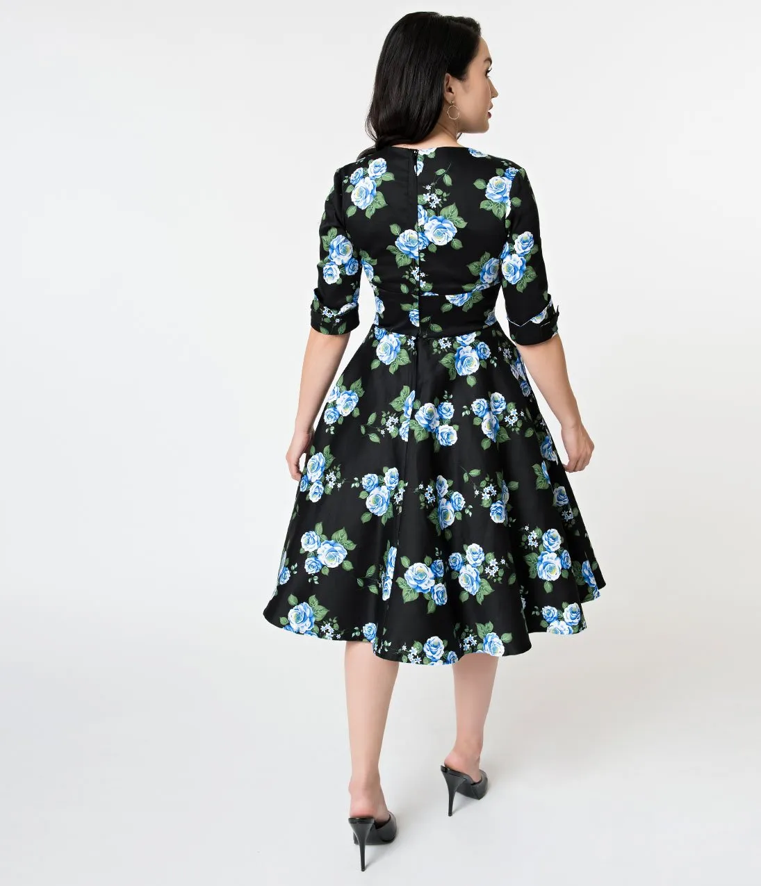 Unique Vintage 1950s Black & Blue Rose Floral Print Delores Swing Dress with Sleeves