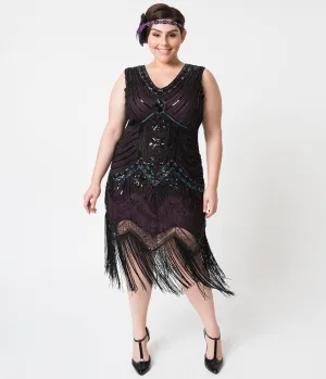 Unique Vintage Plus Size 1920s Deco Purple & Black Sequin Veronique Fringe Flapper Dress