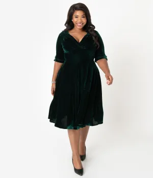 Unique Vintage Plus Size 1950s Emerald Green Velvet Delores Swing Dress with Sleeves