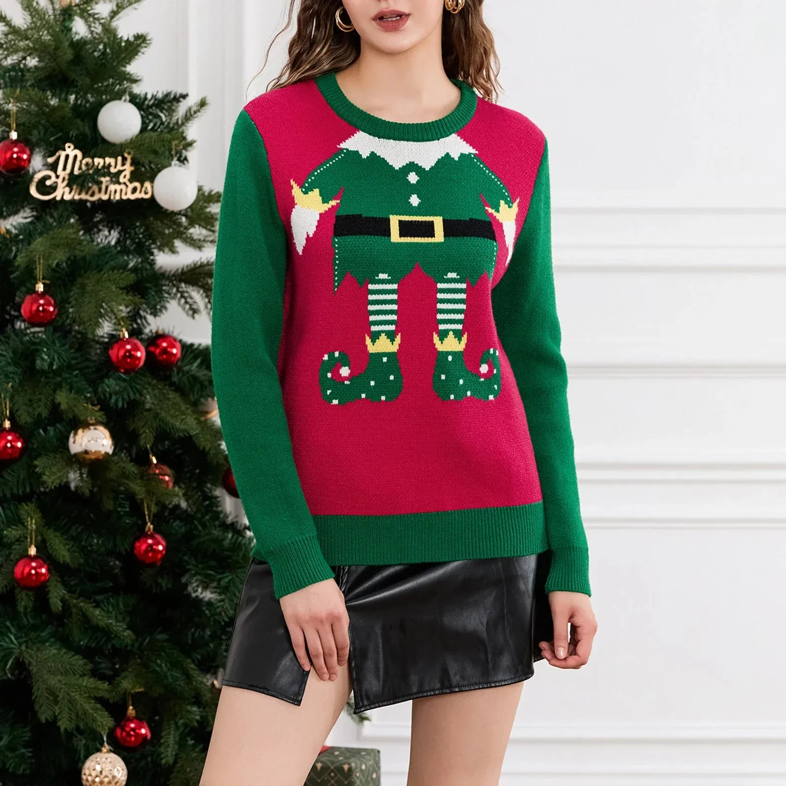 Wenkouban-Christmas Thanksgiving outfits_Cute Trendy Elf Legs Print Crew Neck Warm Fall Winter Streetwear Christmas Sweater